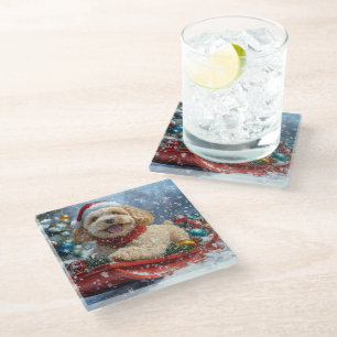 Cockapoo Dog in Sledge Let it Snow Christmas Glass Coaster