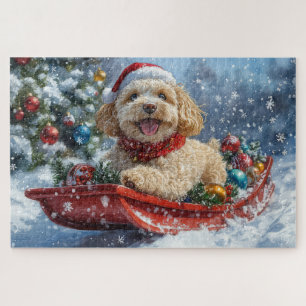 Cockapoo Dog in Sledge Let it Snow Christmas Jigsaw Puzzle