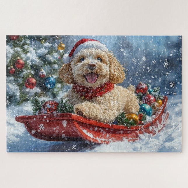 Cockapoo Dog in Sledge Let it Snow Christmas Jigsaw Puzzle (Horizontal)