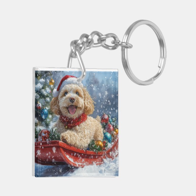 Cockapoo Dog in Sledge Let it Snow Christmas Keychain (Back Left)