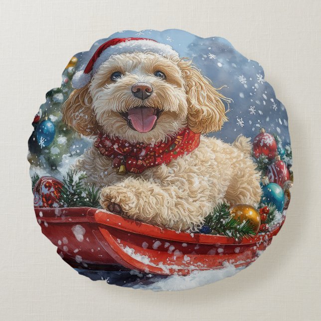 Cockapoo Dog in Sledge Let it Snow Christmas Round Pillow (Front)