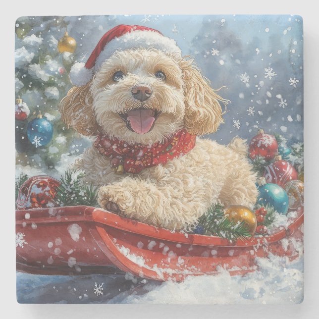 Cockapoo Dog in Sledge Let it Snow Christmas Stone Coaster (Front)