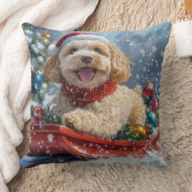 Cockapoo Dog in Sledge Let it Snow Christmas Throw Pillow (Blanket)