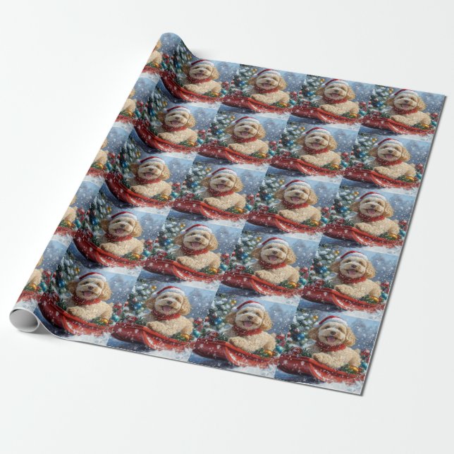 Cockapoo Dog in Sledge Let it Snow Christmas Wrapping Paper (Unrolled)