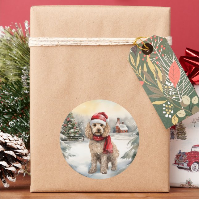 Cockapoo Dog in Snow Christmas  Classic Round Sticker (Holiday)