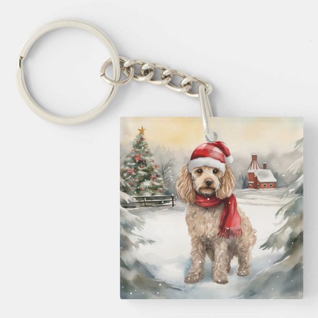 Cockapoo Dog in Snow Christmas  Keychain (Front)