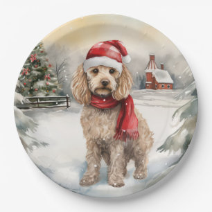 Cockapoo Dog in Snow Christmas Paper Plate