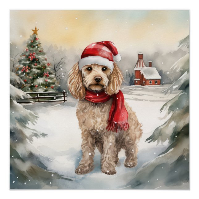 Cockapoo Dog in Snow Christmas  Poster (Front)