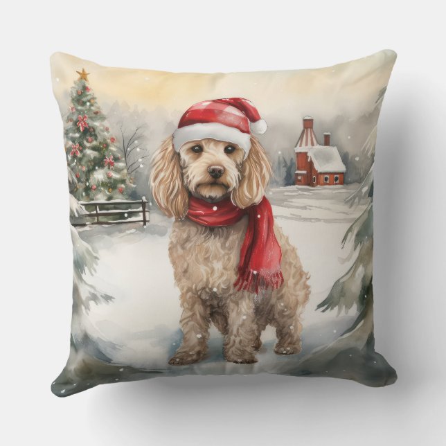 Cockapoo Dog in Snow Christmas  Throw Pillow (Back)
