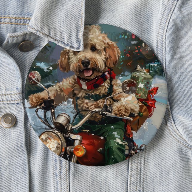 Cockapoo Dog Riding Motorcycle Christmas 6 Inch Round Button (In Situ)