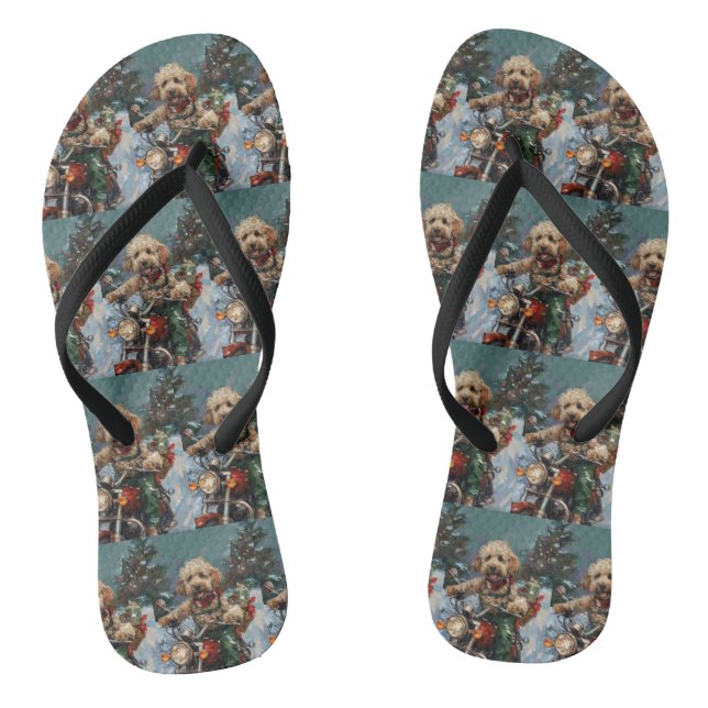 Cockapoo Dog Riding Motorcycle Christmas Flip Flops (Footbed)