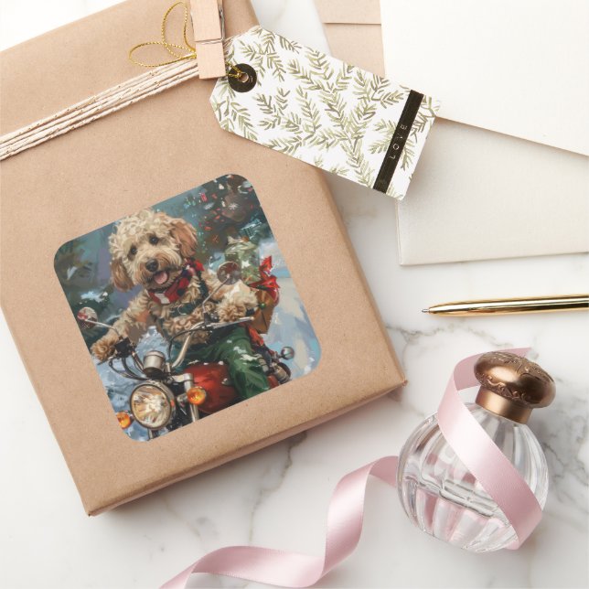 Cockapoo Dog Riding Motorcycle Christmas Square Sticker (Gifting)