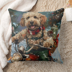 Cockapoo Dog Riding Motorcycle Christmas Throw Pillow