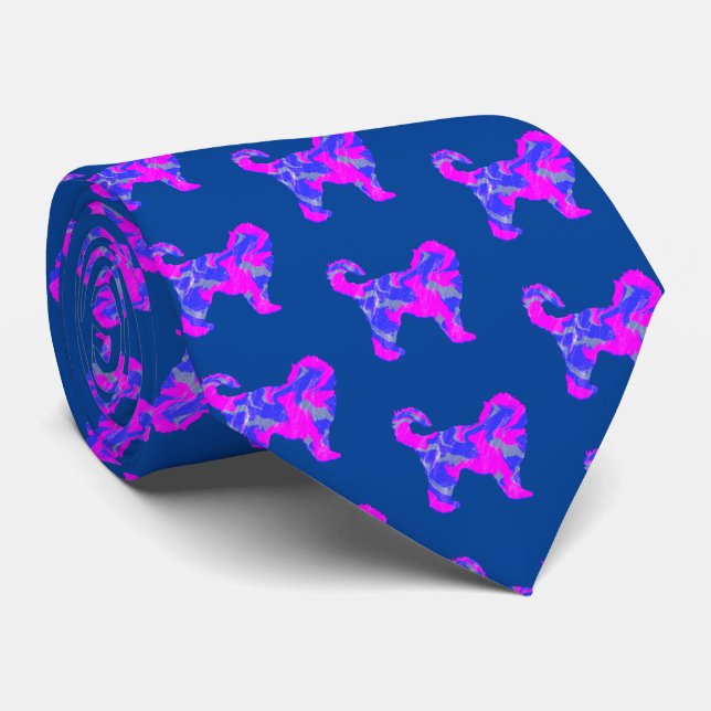 Cockapoo Dog Silhouette Pink & Blue Dark Blue Tie (Rolled)