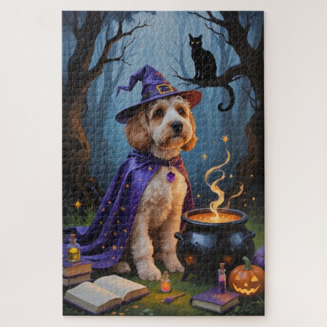 Cockapoo Dog Whimsical Halloween Painting Jigsaw Puzzle (Vertical)