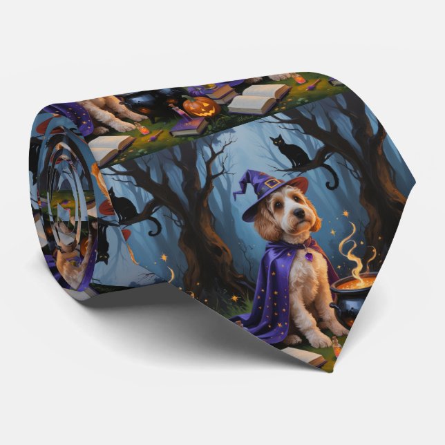 Cockapoo Dog Whimsical Halloween Painting Tie (Rolled)