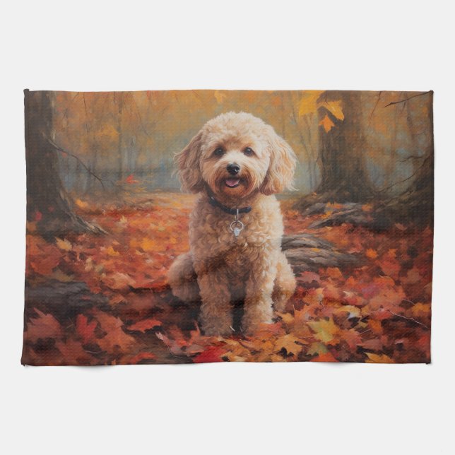 Cockapoo in Autumn Leaves Fall Inspire Kitchen Towel (Horizontal)