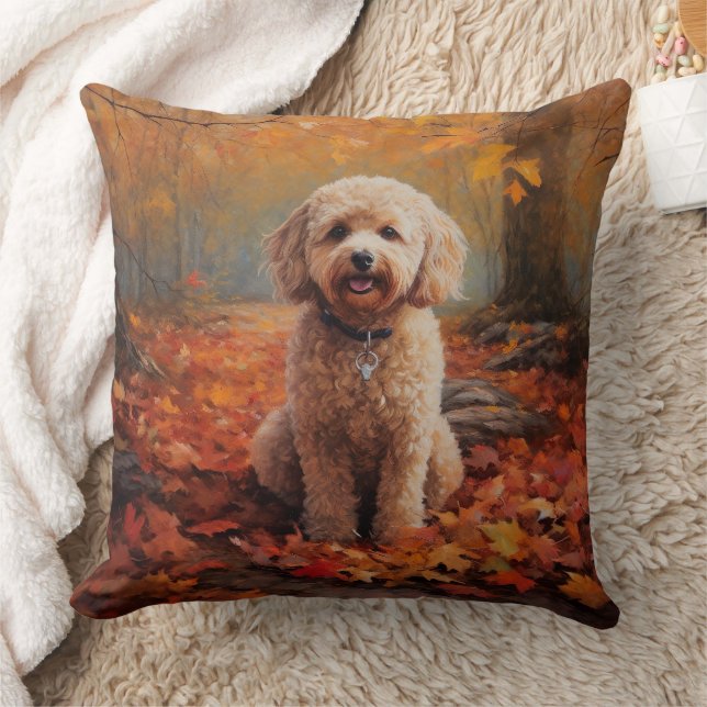 Cockapoo in Autumn Leaves Fall Inspire Throw Pillow (Blanket)