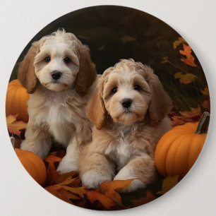 Cockapoo Puppy Autumn Delight Pumpkin  6 Inch Round Button