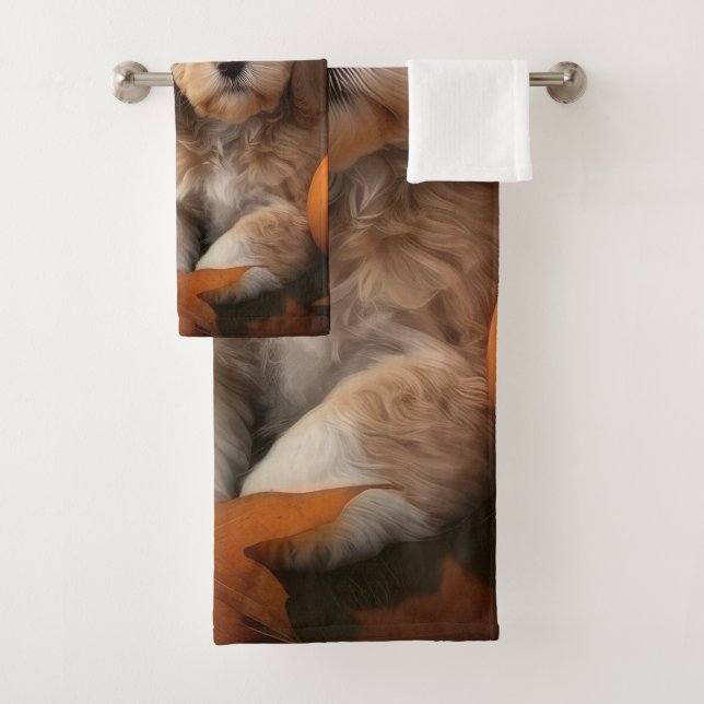 Cockapoo Puppy Autumn Delight Pumpkin  Bath Towel Set (Insitu)