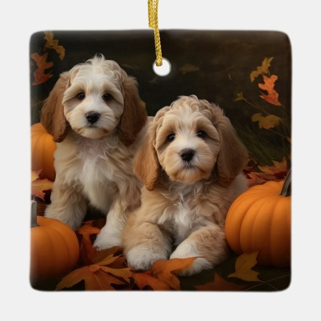Cockapoo Puppy Autumn Delight Pumpkin  Ceramic Ornament (Front)