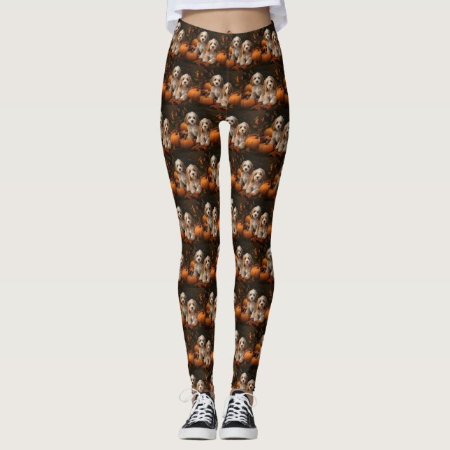 Cockapoo Puppy Autumn Delight Pumpkin  Leggings (Front)