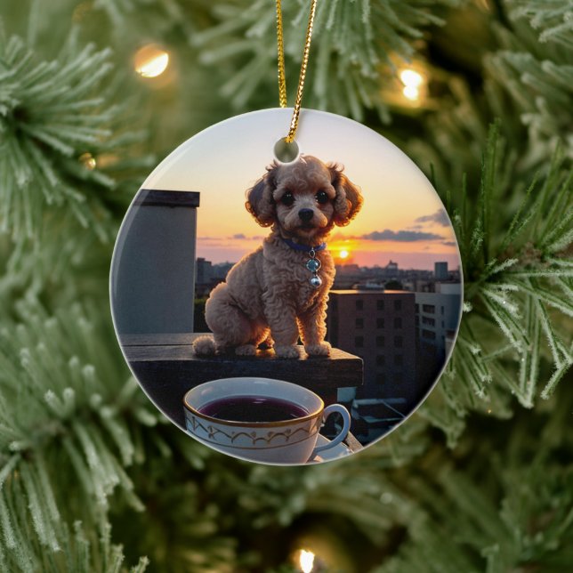 Cockapoo puppy enjoying coffee | Morning Joy with  Ceramic Ornament (Tree)