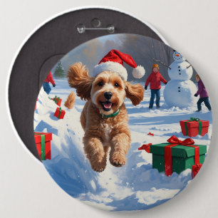 Cockapoo Running in Snow with Christmas Hat 6 Inch Round Button