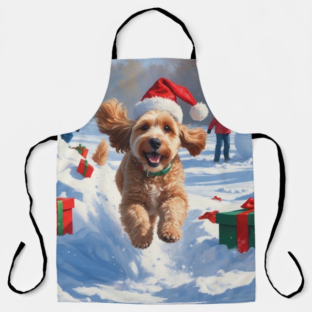 Cockapoo Running in Snow with Christmas Hat Apron (Front)