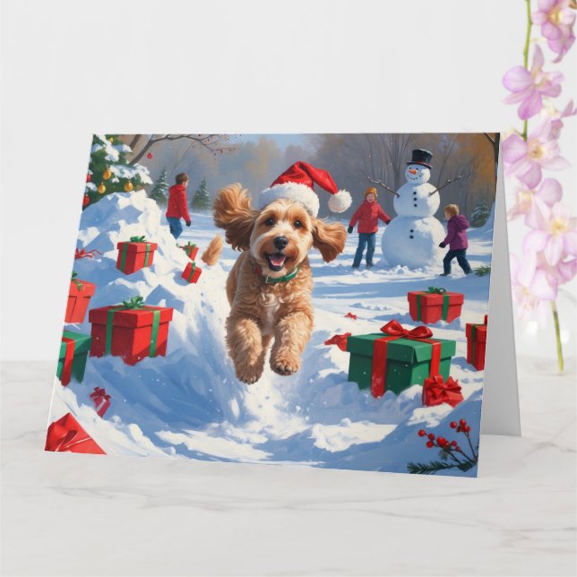 Cockapoo Running in Snow with Christmas Hat Card (Orchid)