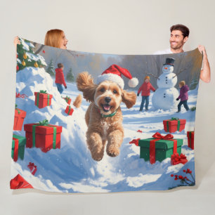 Cockapoo Running in Snow with Christmas Hat Fleece Blanket