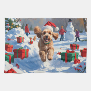 Cockapoo Running in Snow with Christmas Hat Kitchen Towel
