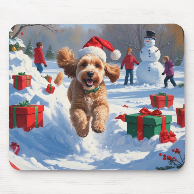 Cockapoo Running in Snow with Christmas Hat Mouse Pad (Front)