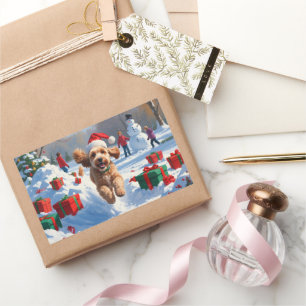 Cockapoo Running in Snow with Christmas Hat Sticker