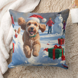 Cockapoo Running in Snow with Christmas Hat Throw Pillow