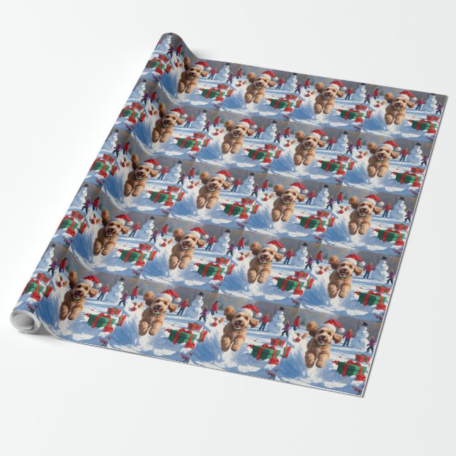 Cockapoo Running in Snow with Christmas Hat Wrapping Paper (Unrolled)