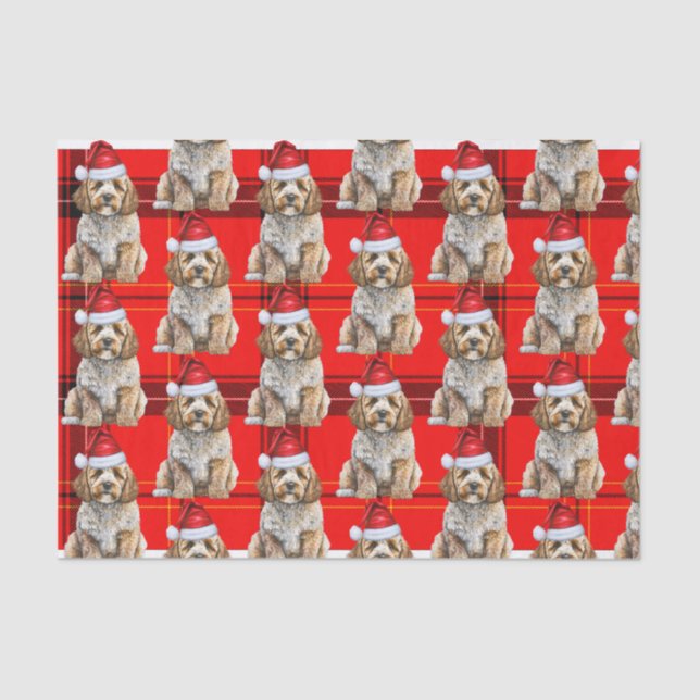 Cockapoo Santa Dog on Red Plaid Christmas Holiday Tissue Paper (Front)