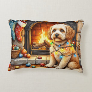 Cockapoo Sitting by Fireplace with Christmas Light Accent Pillow