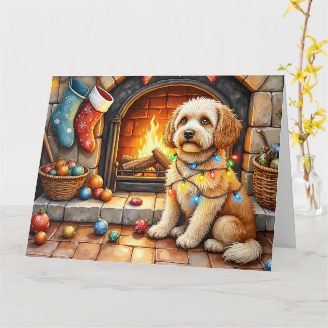 Cockapoo Sitting by Fireplace with Christmas Light Card (Yellow Flower)