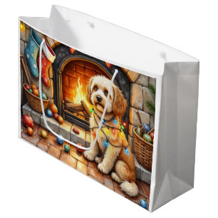 Cockapoo Sitting by Fireplace with Christmas Light Large Gift Bag