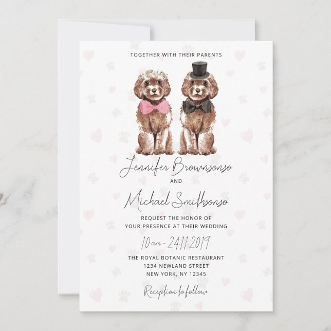 Cockapoo theme paw heart dog wedding invitation (Front)