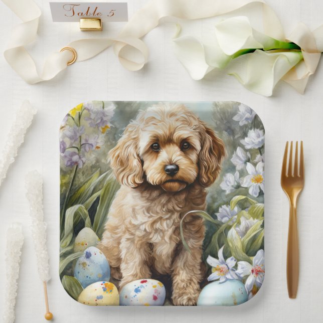 Cockapoo with Easter Eggs Holiday  Paper Plate (Wedding)
