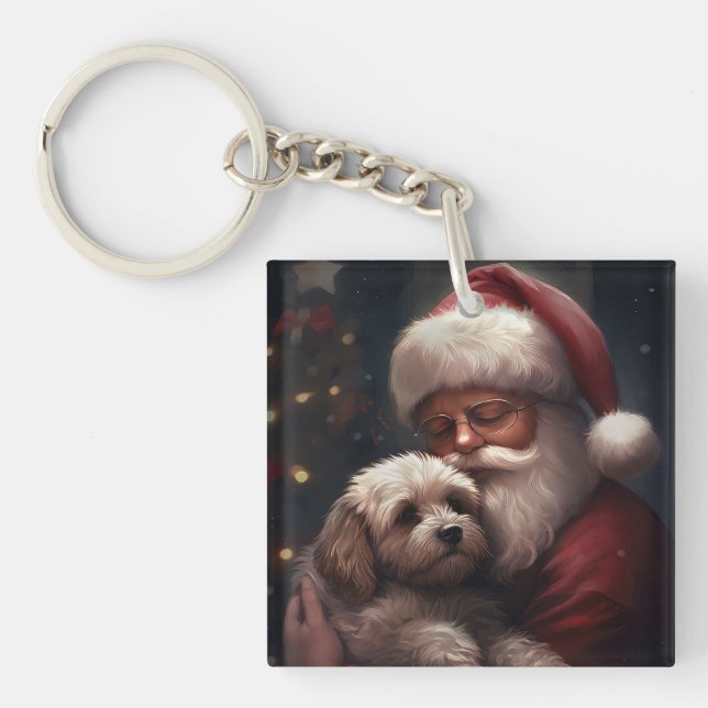 Cockapoo With Santa Claus Festive Christmas  Keychain (Front)