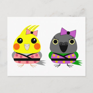 Cockatiel and Senegal Parrot in Kimonos Postcard