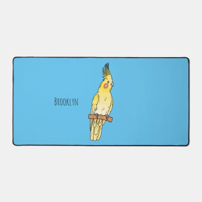 Cockatiel bird cartoon illustration desk mat (Front)