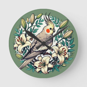Cockatiel Bird Illustration Round Clock