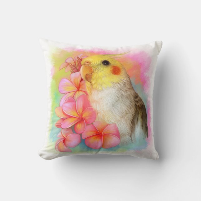 Cockatiel with frangipani throw pillow (Front)