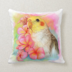 Cockatiel with frangipani throw pillow