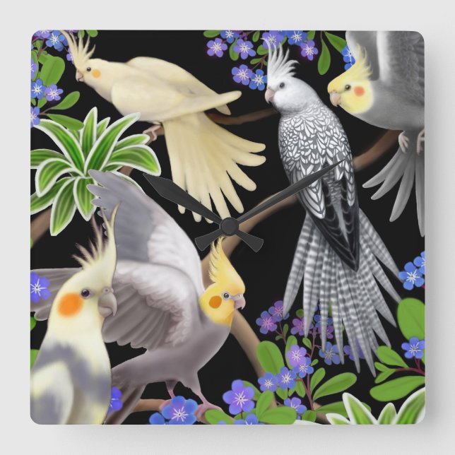 Cockatiels in Forget Me Nots Wall Clock (Front)