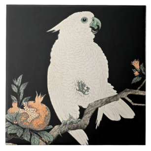 Cockatoo and Pomegranate, fine art by Ohara Koson Tile